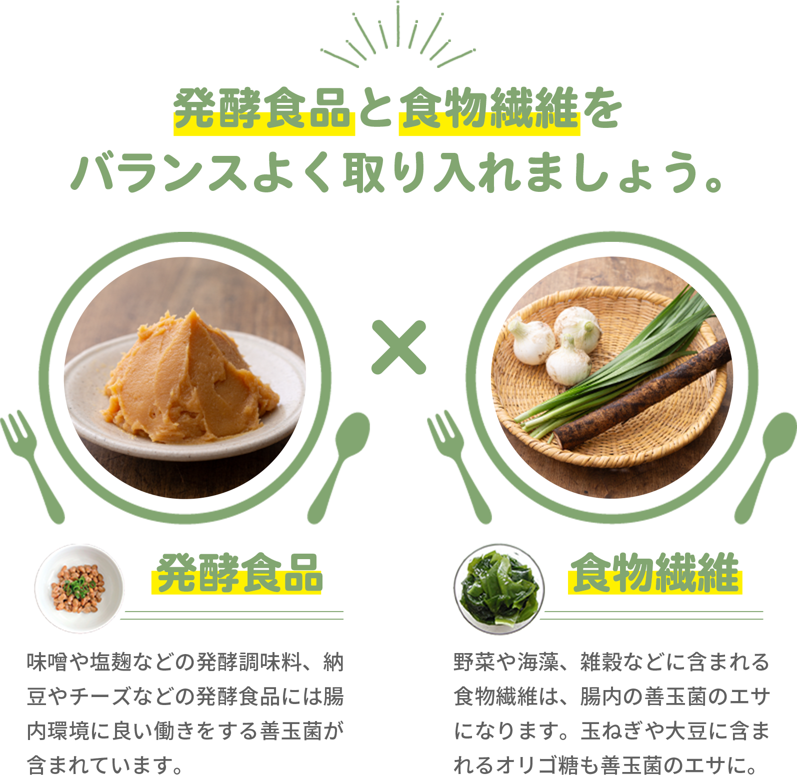 発酵食品と食物繊維をバランスよく取り入れましょう。