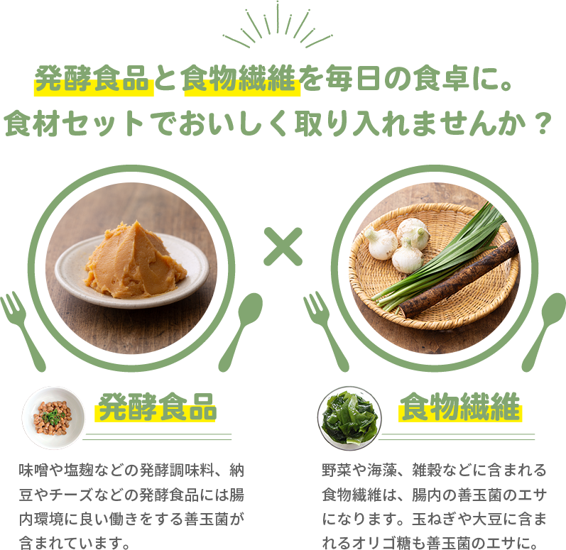 発酵食品と食物繊維をバランスよく取り入れましょう。