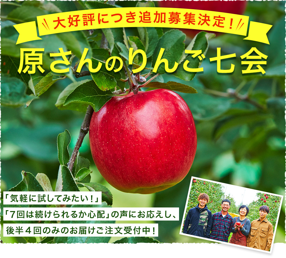 大好評につき追加募集決定! 原さんのりんご七会 「気軽に試してみたい!」「7回は続けられるか心配」の声にお応えし、後半4回のみのお届けご注文受付中!