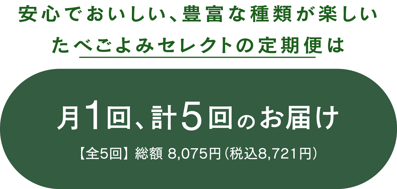 安心でおいしい、豊富な種類が楽しいたべごよみセレクトの定期便は月1回、計5回のお届け