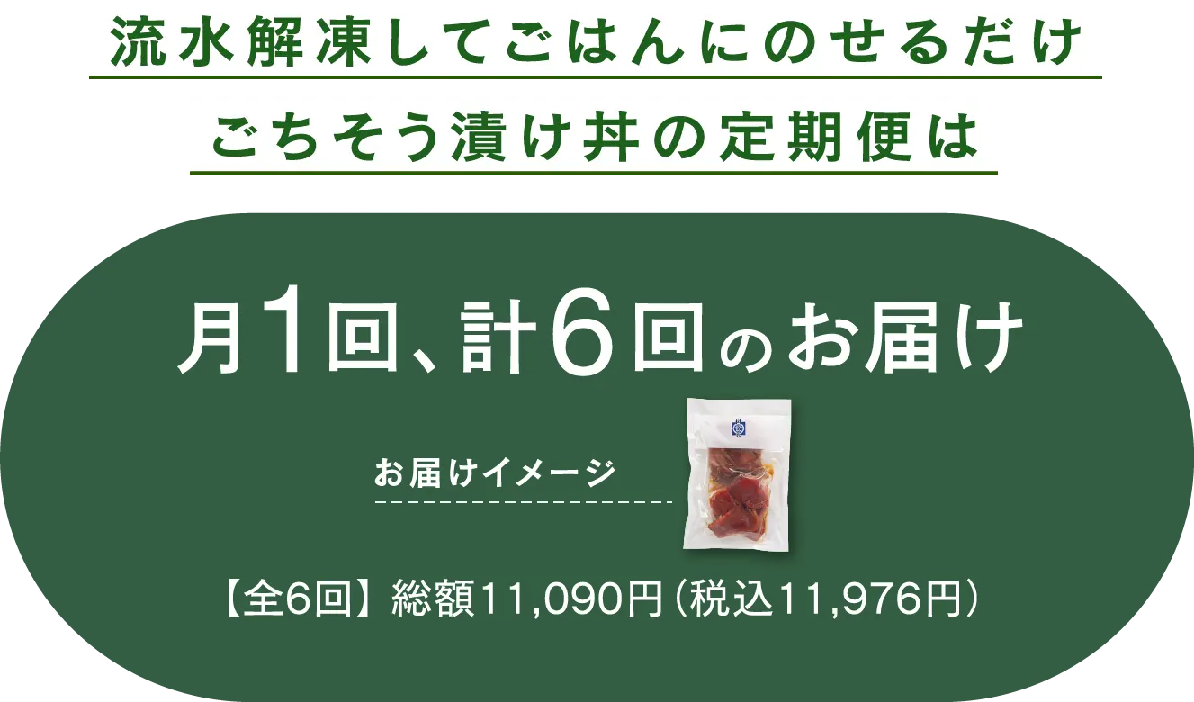 流水解凍してごはんにのせるだけごちそう漬け丼の定期便は約3週に1回、計8回のお届け