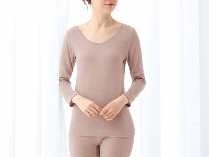 予約　【日本製】ぬくもりやわらか発熱インナー　8分袖（ローズグレー）Ｌ_2