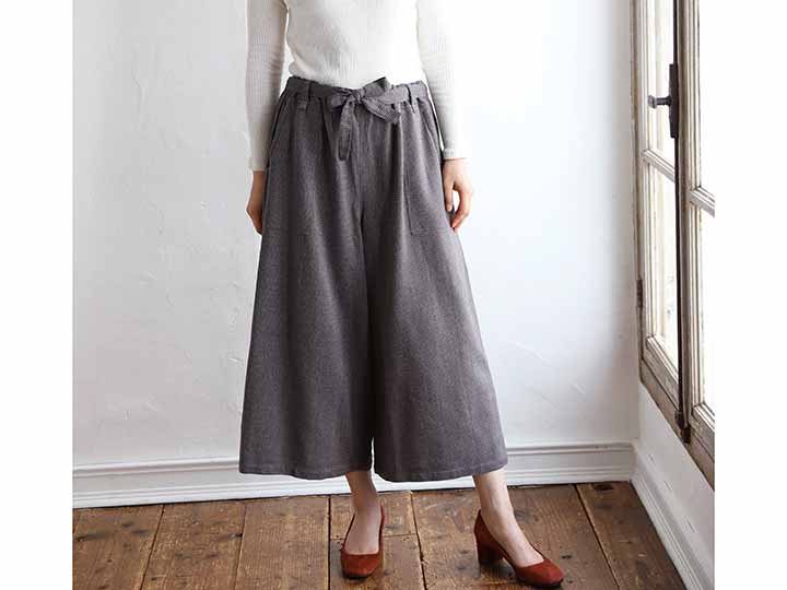 予約 もしゃ織ベルト付ガウチョパンツ・紺茶_2