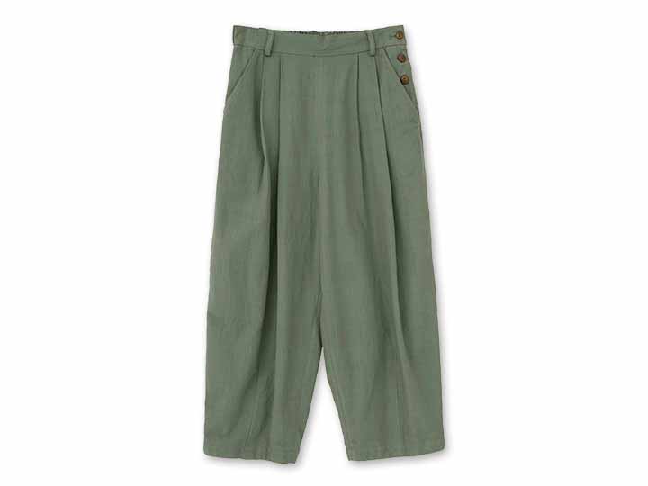 予約　手織りコットンヘンプ　バレルパンツ　グリーン系　Ｍ