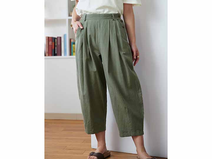 予約 手織りコットンヘンプ バレルパンツ グリーン系 M_2