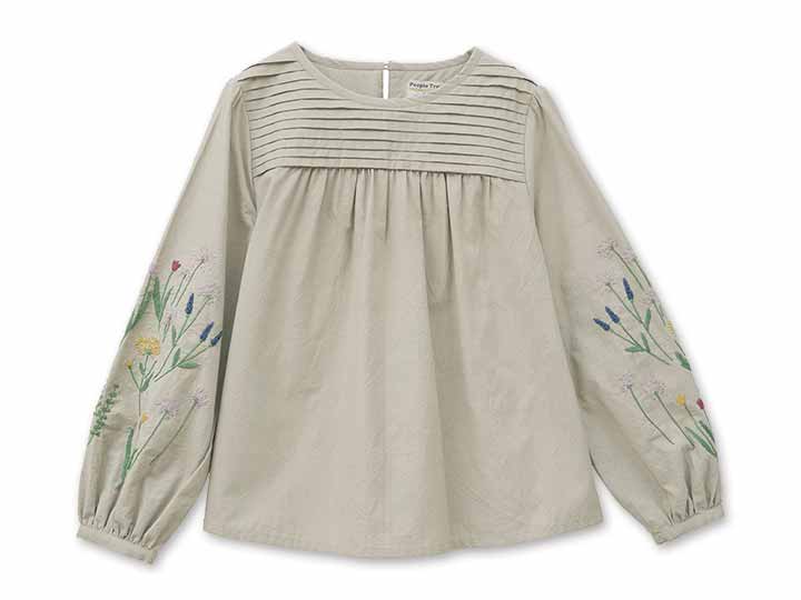 予約　手織り　ＯＣ　フラワー手刺繍　タックヨークブラウス・セージグレイ・Ｍ