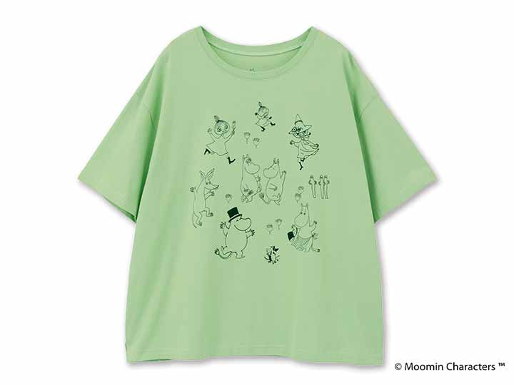 予約　ムーミン　オーガニックコットン　スリットＴシャツ・ムーミン谷の仲間たちとお祝い・グリーン・Ｍ