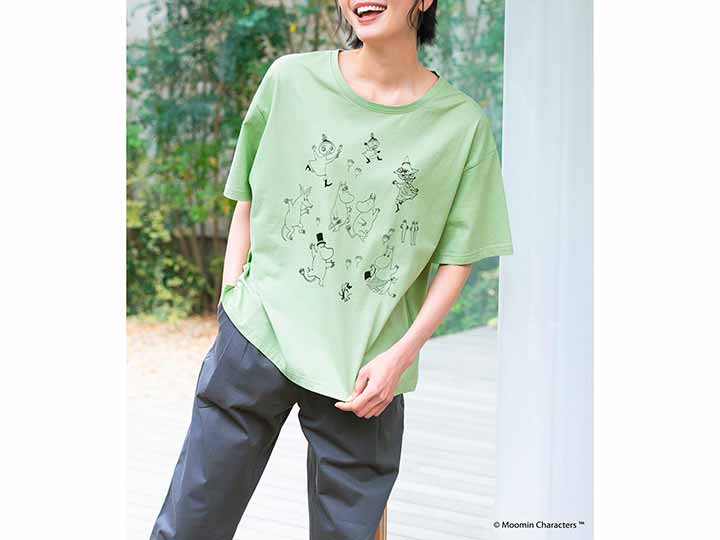 予約 ムーミン オーガニックコットン スリットTシャツ・ムーミン谷の仲間たちとお祝い・グリーン・M_2