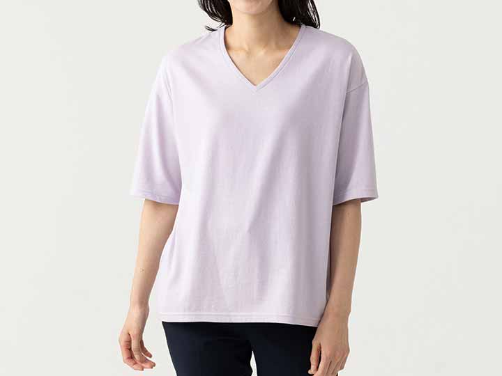予約　オーガニックコットンＶネック5分袖Ｔシャツ　ライラック_2