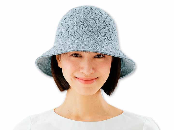 予約　ＵＶ透かし編み帽子　ブルーグレー