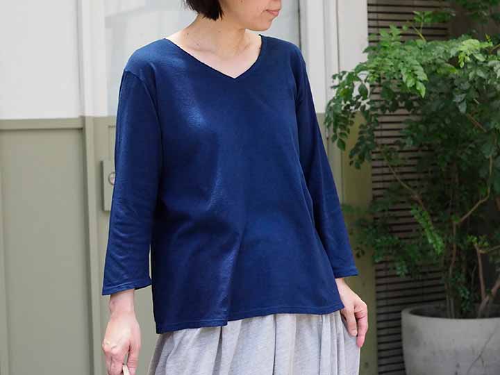 予約　天然藍Ｖネック7分袖プルオーバー【ソフト天竺】【Ｍ／藍】【濃紺】_2