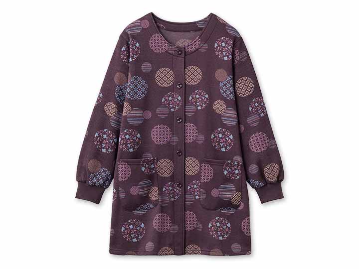 予約　和柄ロング丈かっぽう着（まり柄ワイン）Ｍ−Ｌ