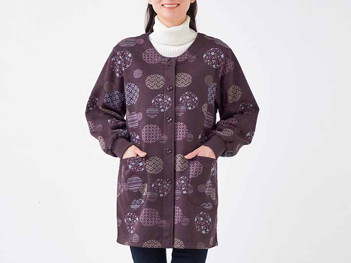 予約　和柄ロング丈かっぽう着（まり柄ワイン）ＬＬ−3Ｌ_2