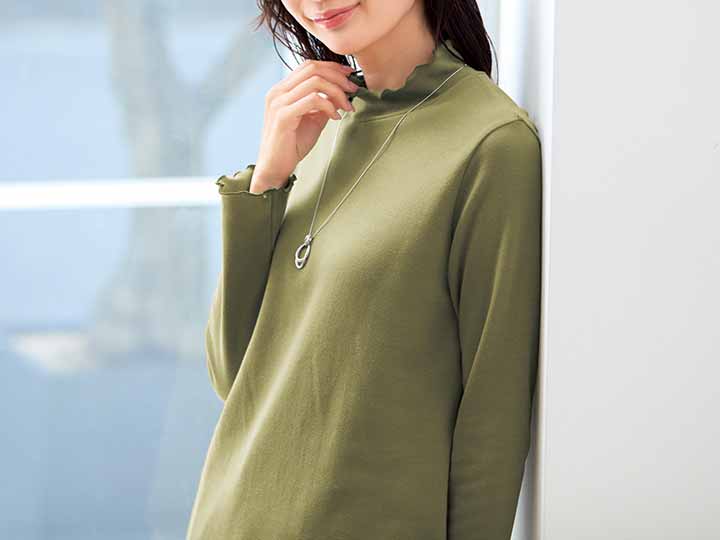 予約　ｅｃｌａＴ　ｓｔｙｌｅ　綿100％微起毛　メロータートルプルオーバー　オリーブ　ＬＬ_3