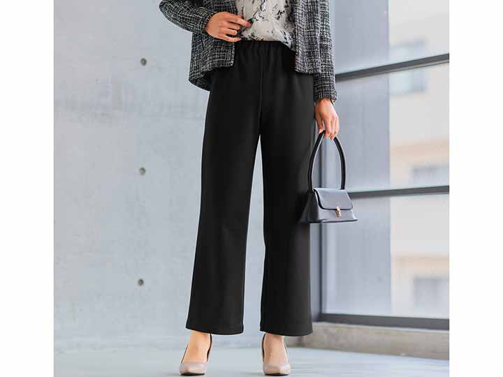 予約　ゴム替えできる裏起毛あったかミラクルワイドパンツ　ブラック　Ｌ_2