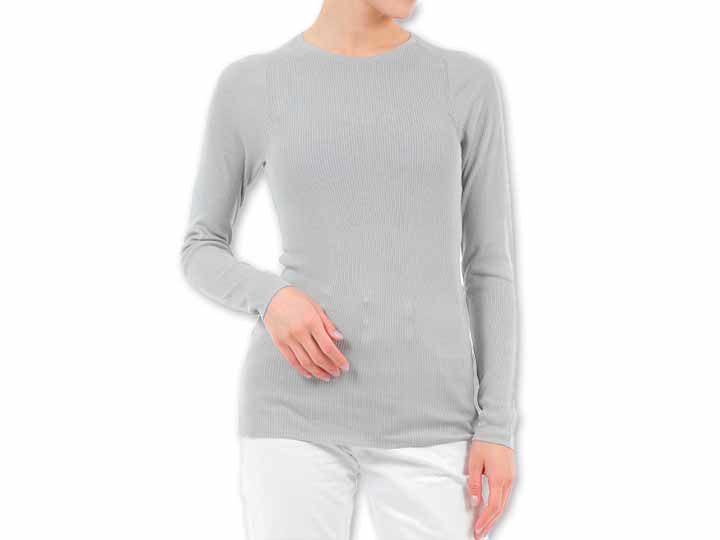 予約　シルク　リブニット丸首ラグラン袖　シルバー　Ｍ−Ｌ