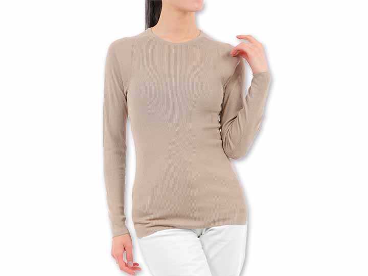 予約　シルク　リブニット丸首ラグラン袖　ベージュ　Ｍ−Ｌ