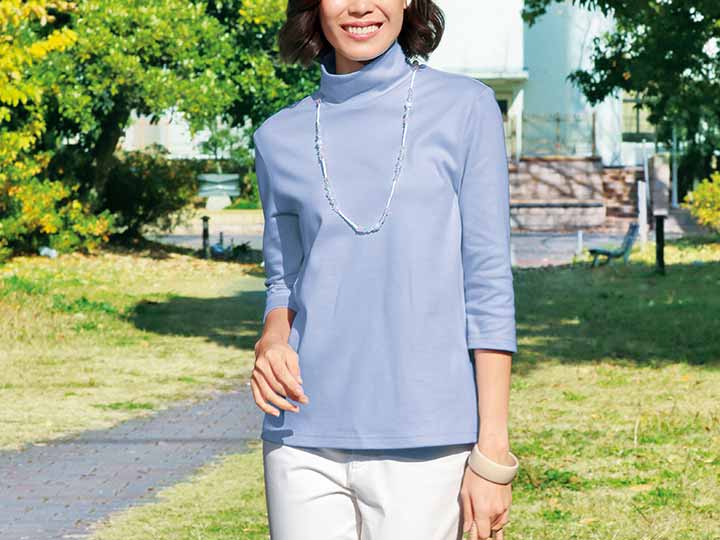 予約　まるで木陰の7分袖ハイネックシャツ　サックス　3Ｌ_3