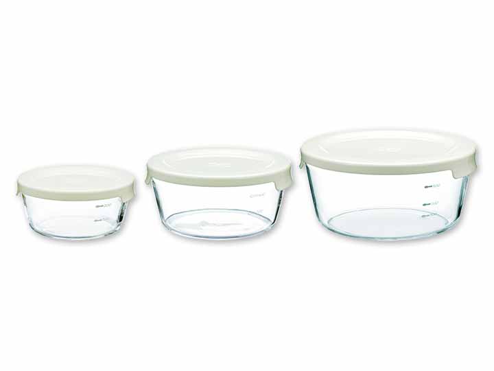 耐熱ガラス製保存容器丸3コセット　オフホワイト　ＭＳＴ−3018−ＯＷ