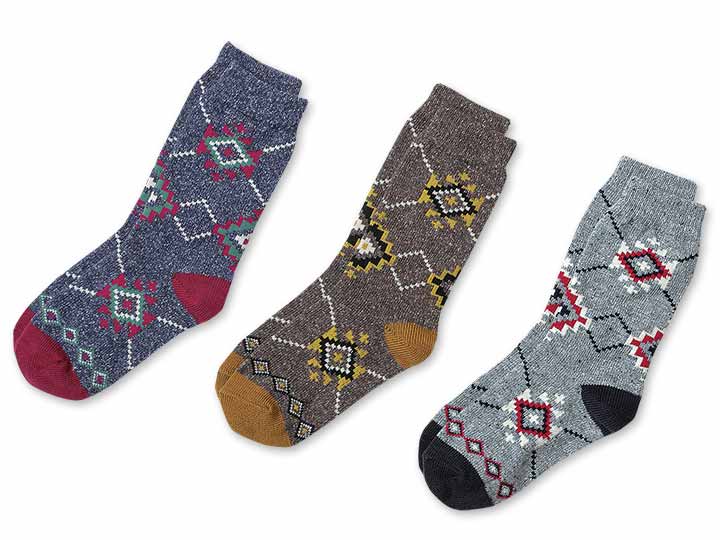 予約　日本製　つま先・かかとあったかネップエスニック柄ソックス
