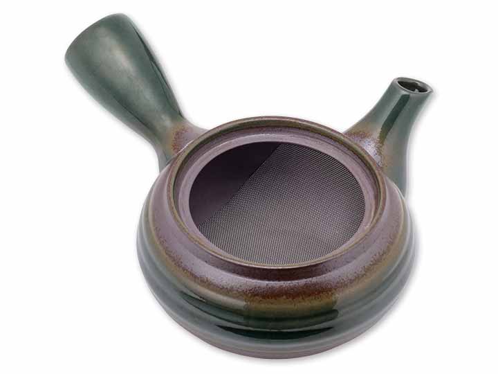 予約　万古焼　茶葉が広がる底網急須（織部釉）_2