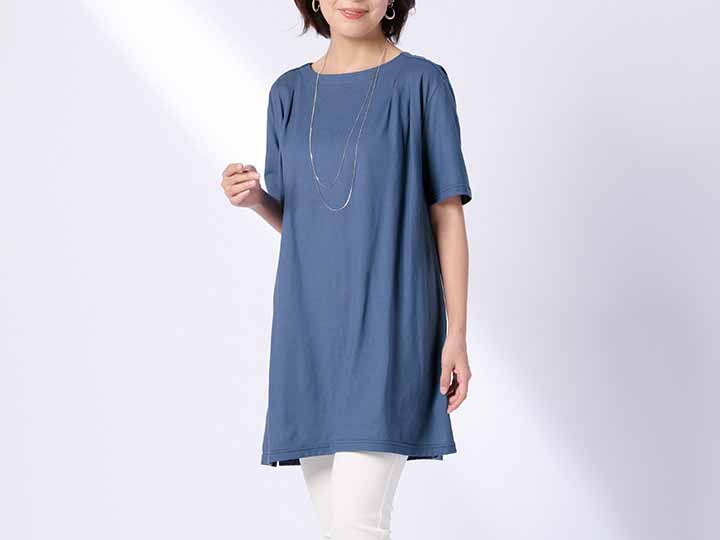 予約 eclaT styleまるで木陰のひんやり肩タック チュニックワンピ ブルーグレー L_2