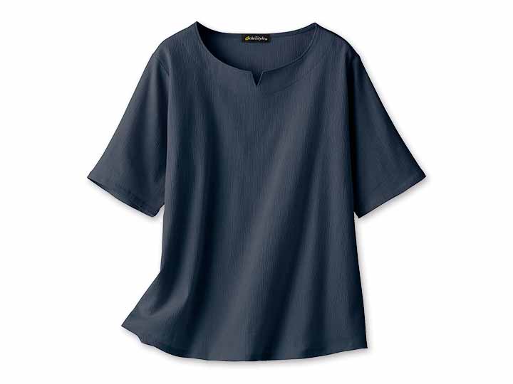 予約　ｅｃｌａＴ　ｓｔｙｌｅ高島ちぢみ涼やかプルオーバー　ネイビー　ＬＬ〜3Ｌ