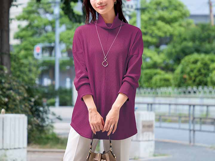 予約　ｅｃｌａＴ　ｓｔｙｌｅ毎日活躍コットンワッフルゆったりチュニック　パープル　ＬＬ〜3Ｌ_2