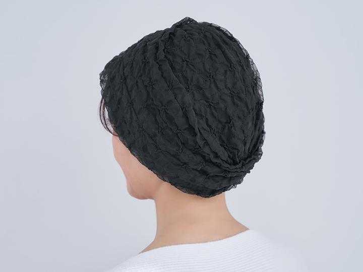 予約　国産　北陸刺繍オーガンジーヘアキャップ　ブラック_3