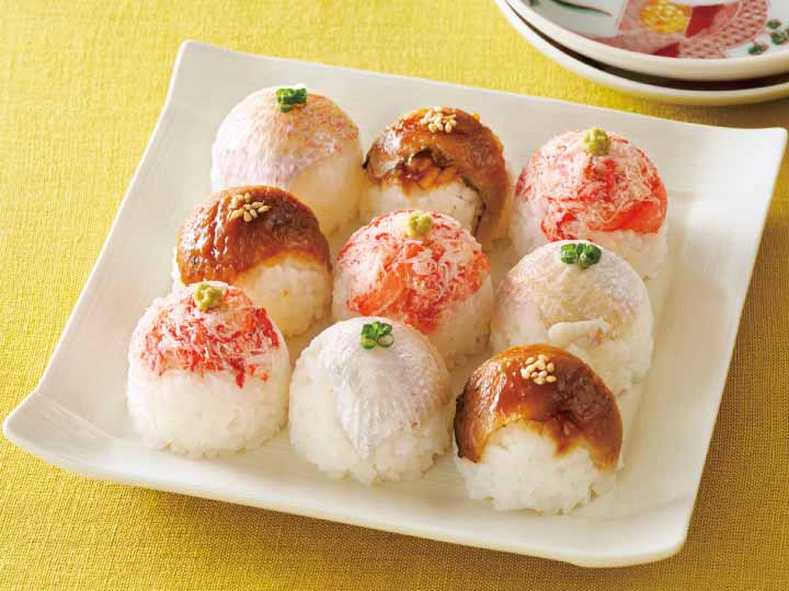 予約4／27週　3種の彩り手まり寿司（穴子、小鯛、紅ズワイガニ）