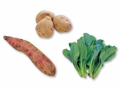 蒸しておいしい野菜3種セット（じゃがいも、さつまいも、小松菜）写真