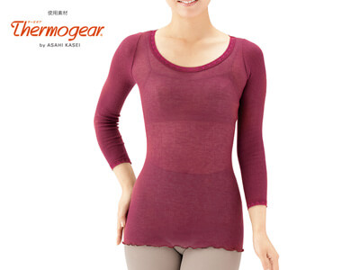 予約　薄伸暖衣シルキープラス　丸首（ワイン）写真