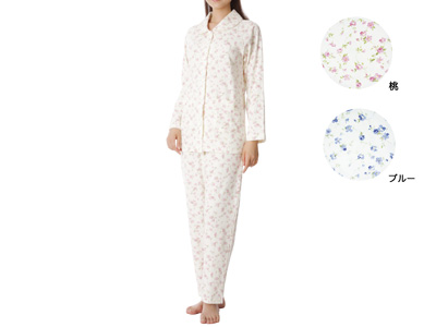 予約　綿100％婦人楽らくワンタッチパジャマ（ブルー）Ｌ写真