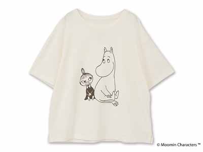 予約　ムーミン　オーガニックコットンスリットＴシャツ・ムーミントロールとリトルミイ・エコホワイトＭ写真