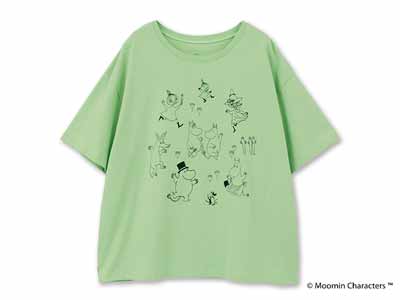 予約　ムーミン　オーガニックコットン　スリットＴシャツ・ムーミン谷の仲間たちとお祝い・グリーン・Ｍ写真