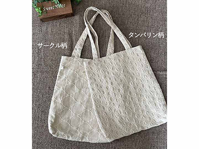 予約　リネンコットンレース刺繍トートバッグ（タンバリン柄）生成写真