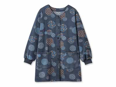 予約　和柄ロング丈かっぽう着（まり柄ネイビー）ＬＬ−3Ｌ写真