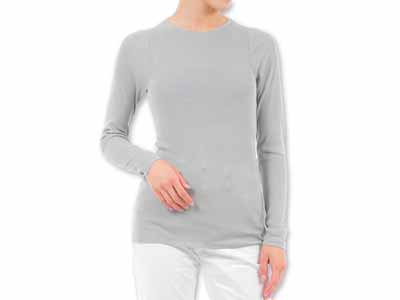 予約　シルク　リブニット丸首ラグラン袖　シルバー　Ｌ−ＬＬ写真