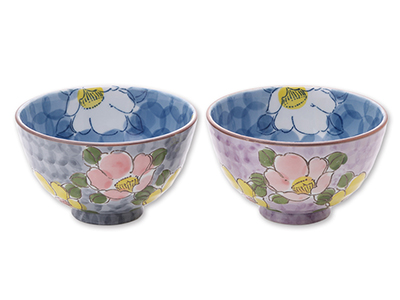 予約　波佐見焼　手描き山茶花飯碗（2色組）写真