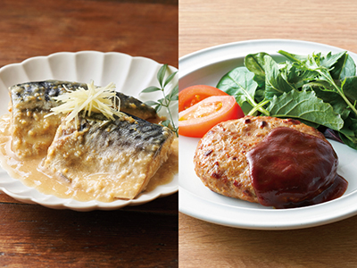 お手軽！湯せんおかずセット（さば味噌煮、ハンバーグ）写真