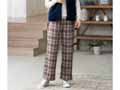 予約　まるでウールのような裏起毛ゆったりストレートパンツ　ベージュチェック　Ｌ_2