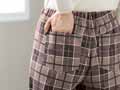予約 まるでウールのような裏起毛ゆったりストレートパンツ ベージュチェック LL_4